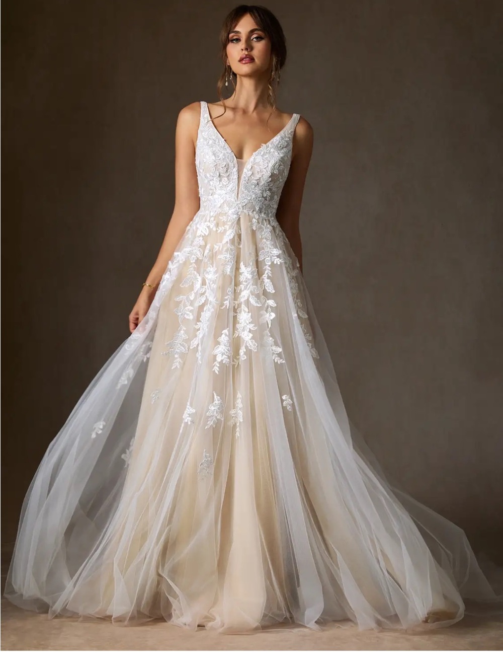Azazie Ivory and Champagne Lace A-Line Wedding Dress